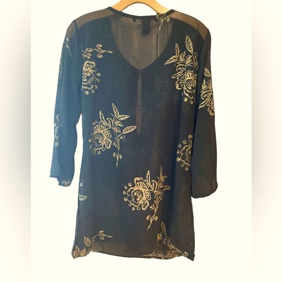 Silk Theads Sz S Black Heavy Gold Beaded Collar Metallic Roses Design Tunic Top - Picture 2 of 6